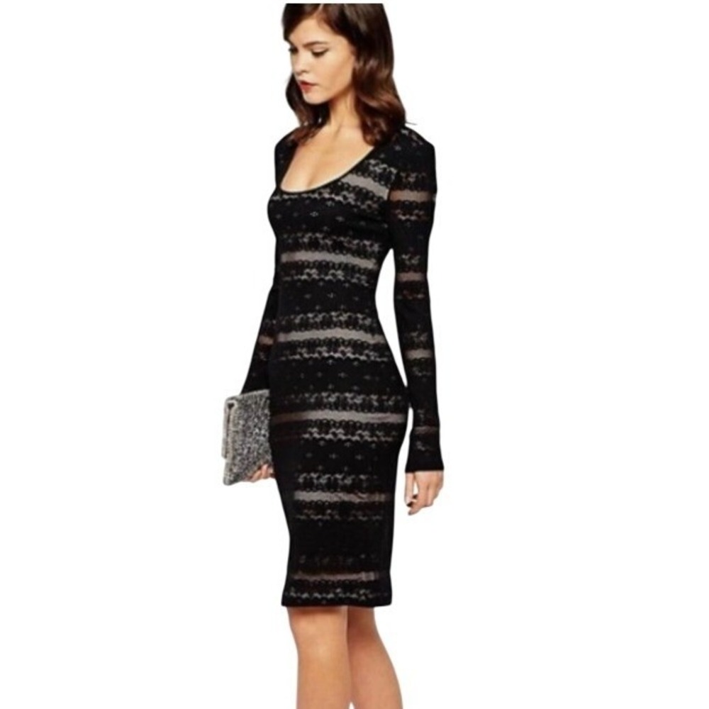 BCBGMAXAZRIA | Black/Nude Lace Striped Bodycon Dress Scoop Neck | Size Small